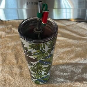 Tropical Leaf Stainless Tumbler with Straw